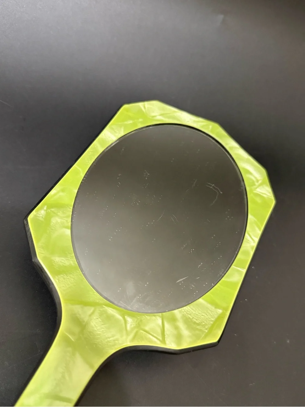 Vintage Art Deco Pearlized Lime Green Celluloid or Lucite Hand Held Mirror